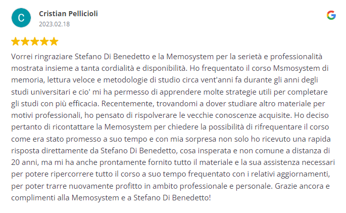 Recensione a 5 stelle di Cristian Pellicioli per il corso Memosystem.