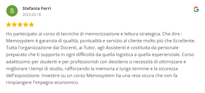 Recensione a 5 stelle di Stefania Ferri per il corso Memosystem.